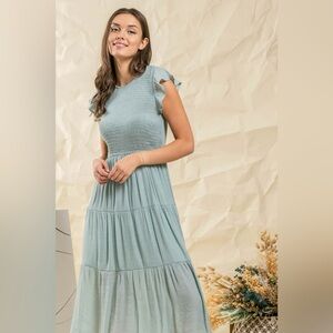 By The River Sage Green Smocked Tiered Midi Dress